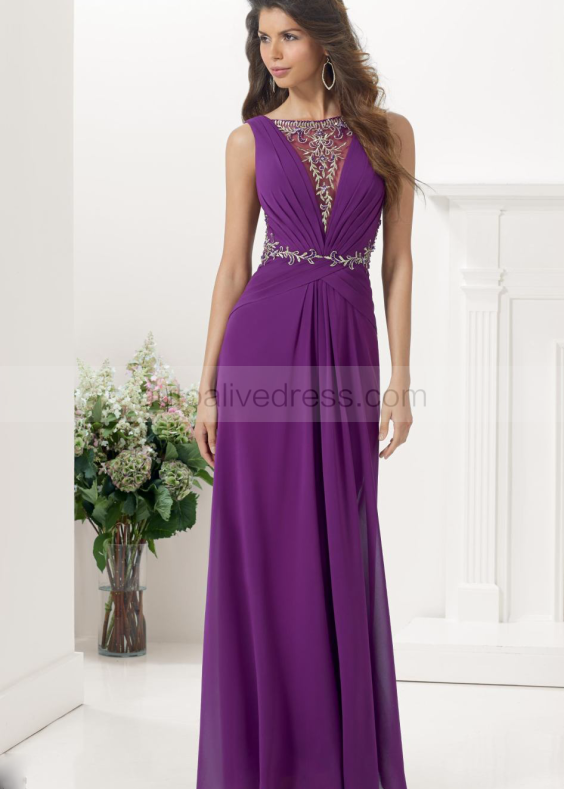 Sheer Beaded Lace Long Chiffon Prom Dress